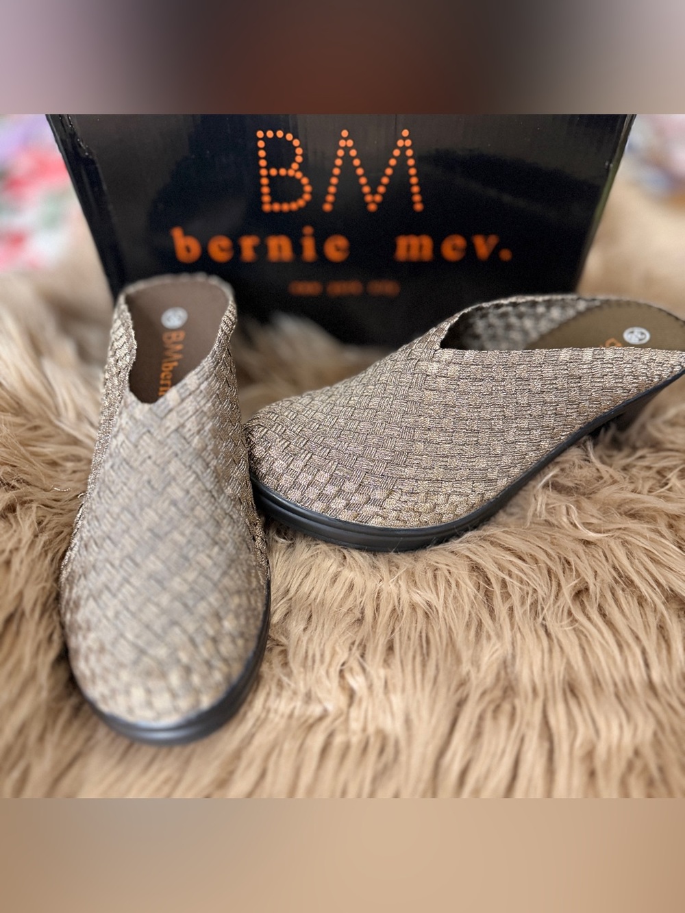 bernie mev. Metallic Woven Slip-On Mules in Bronze, Block Heel, memory foam sz 7